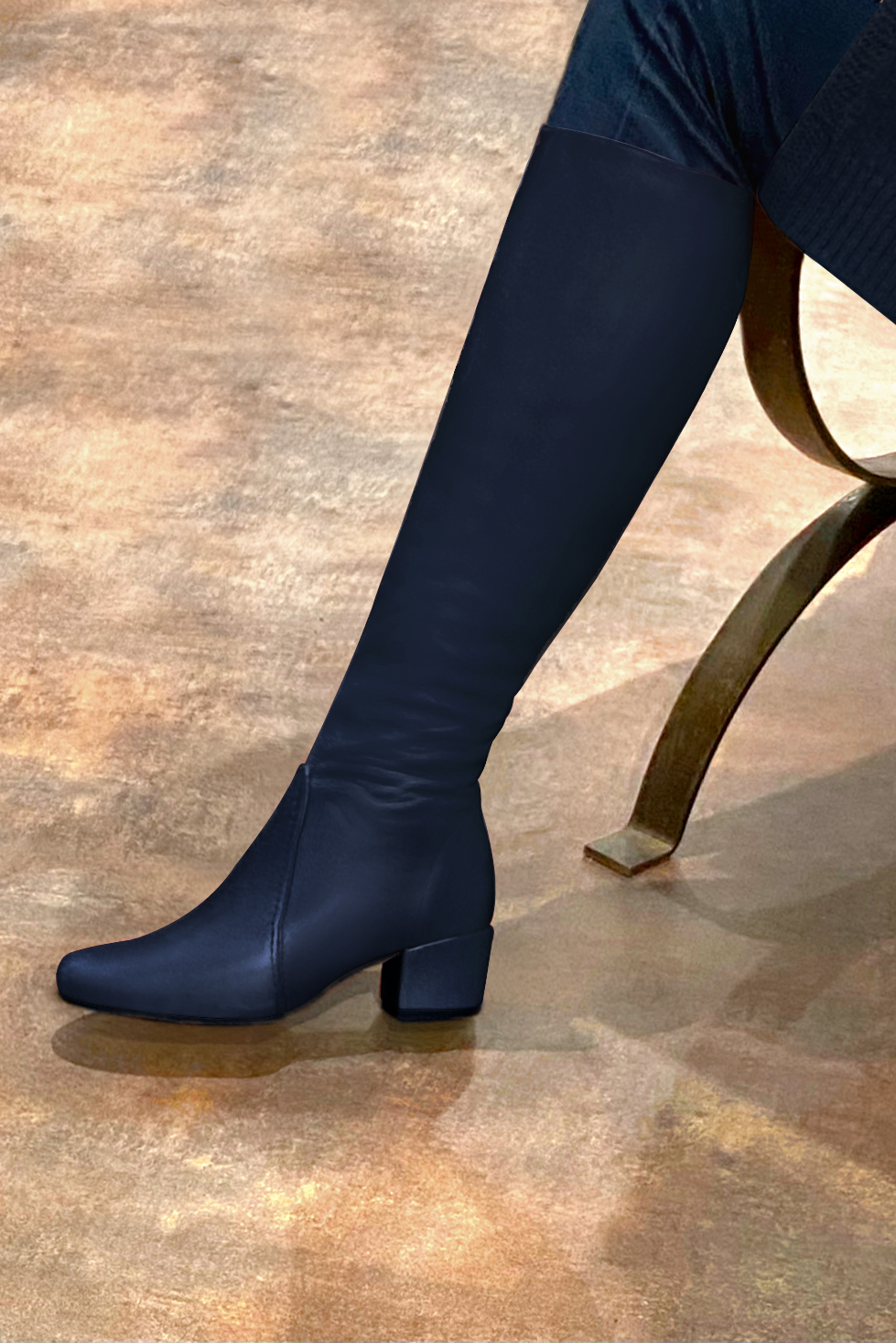 Navy blue women's feminine knee-high boots. Round toe. Low flare heels. Made to measure. Worn view - Florence KOOIJMAN